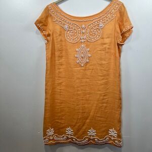 Lilly Pulitzer Rawley Linen‎ Shift Dress Beaded Details Orange and White Size 6